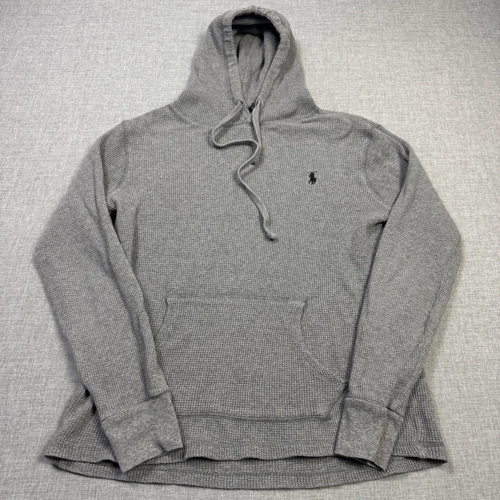 Polo Ralph Lauren Thermal Waffle Knit Hoodie Mens Small Gray Pullover Cotton